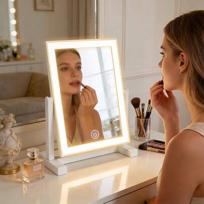 1pc LED Makeup Mirror, Portable Makeup Mirror With 3 Color Temperatures, Rechargeable Touch Control Dimmable 360° Rotating Tabletop High Definition Makeup Mirror, Suitable For Bedroom Vanity And Travel