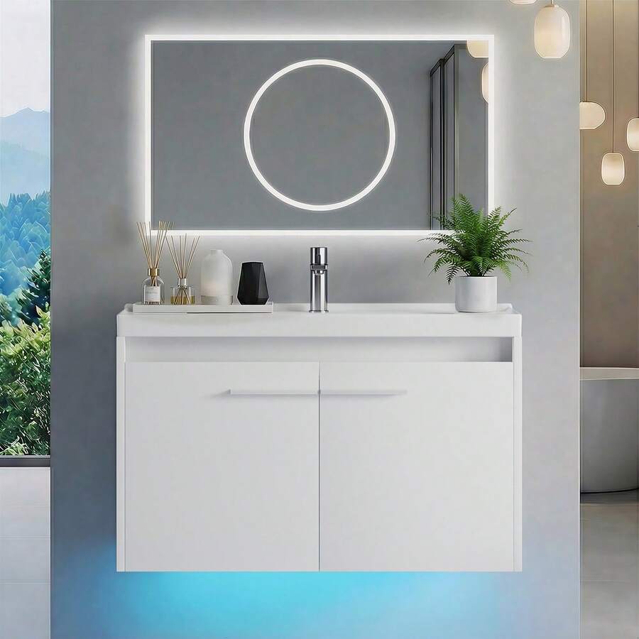 31" Floating Bathroom Vanity With Sink Combo, Wall Mounted Bathroom Vanity Cabinet With LED Light, 2-Door Bathroom Storage Cabinet For Small Bathroom, White/Grey/Black, (USB LED Strip) - 白色 - 查看 1