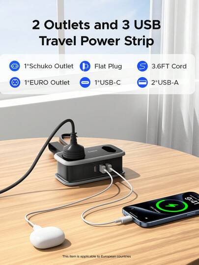  مقبس سفر محمول ORICO بقابس أوروبي، 5 في 1، مع 2 مخرج تيار متردد، 2 منفذ USB-A، و1 منفذ USB-C، سلك إضافي بقابس مسطح 45 درجة بدون حماية من التيار الزائد للسفر/المنزل/السكن الجامعي/المكتب