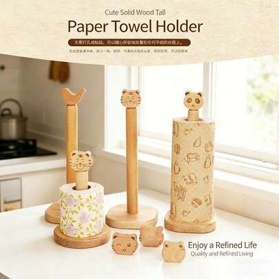 1个可爱纸巾架，独立式木质厨房纸巾盒，乔迁新居礼物，木质立式纸巾架，萌猫造型厨房纸巾架