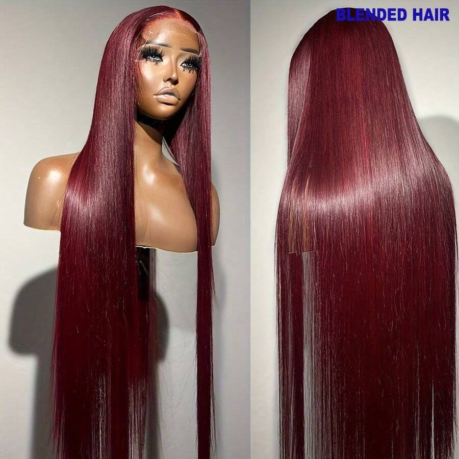 8-34英寸 13x4 高清蕾丝前假发，200% 密度预剪巴西原生发蕾丝前假发，#BUG 酒红色直发，带婴儿发，适合女性日常、派对、圣诞节佩戴 - SBUG - 查看 1