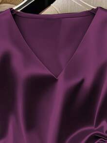 Women's Solid Color Satin V-Neck Ruched Summer Elegant Blouse - Màu tím - Xem 4