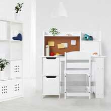 Kids Desk and Chair Set, Mesa de Estudio Infantil con Silla y Almacenamiento - Juego de Escritorio para Niños 3-8 Años, Incluye Estantería y Gabinetes, Ideal para Aprender, Pintar y Jugar. - Blanco - Ver 6