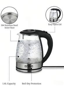 OCTAVO 1.8升大容量快速沸腾电水壶，带自动断电和防干烧保护，玻璃和不锈钢材质 - 無色 - 查看 1