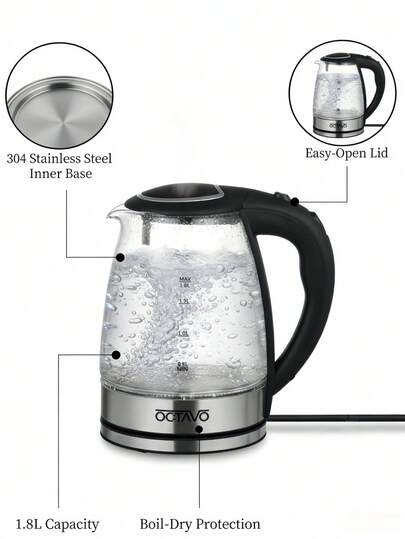  OCTAVO Hervidor eléctrico de gran capacidad de 1,8L, con apagado automático y protección contra ebullición en seco, de material de vidrio y acero inoxidable