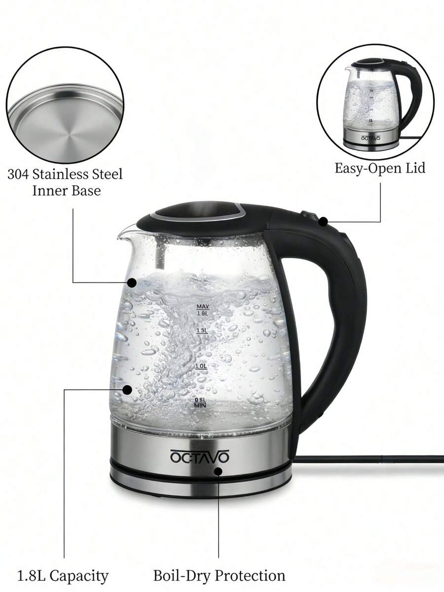 OCTAVO 1.8升大容量快速沸腾电水壶，带自动断电和防干烧保护，玻璃和不锈钢材质 - 無色 - 查看 1