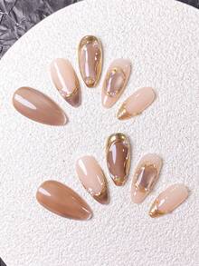 10 piezas de uñas postizas hechas a mano, uñas cortas, uñas postizas, puntas de uñas francesas, uñas con forma de almendra, uñas de color nude, uñas de ojo de gato de oro champán, uñas doradas, uñas de estilo retro lujoso, uñas elegantes y suaves, con decoración de contorno dorado pintado a mano, perla y cuentas de metal dorado, incluye herramientas para uñas, de uso y remoción rápida, adecuado para mujeres y niñas - Champán - Ver 6