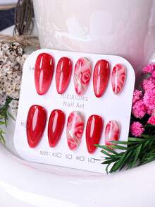 10片手工制作的按压式美甲贴片，短款美甲，假指甲，法式美甲贴片，杏仁形美甲，红色闪粉美甲，扎染玫瑰美甲，手绘扎染玫瑰图案美甲，金色镶边装饰美甲，包含美甲工具，快速贴合和卸除，适合女性和女孩，新年红色玫瑰风格杏仁形美甲贴片 - 紅色 - 查看 3