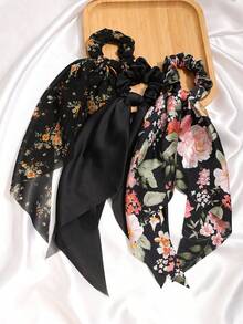 3 piezas Pañuelo triangular ligero con estampado floral y de unicolor, accesorios para el cabello, estilo bohemio casual, vintage, estilo palaciego, fiesta, moda callejera linda, hecho de poliéster, adecuado para todas las estaciones, sujetadores de coleta, scrunchies elásticos para el cabello - Negro - Ver 3