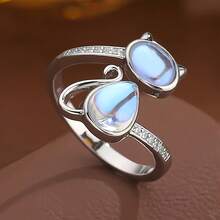 Anillo abierto ajustable con diseño de gato con piedra lunar, anillo de moda con forma de animal de piedra preciosa sintética minimalista - Plateado - Ver 5