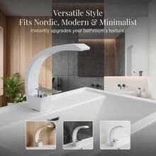 亮白色弧形宽面盆龙头，镀层把手，现代清新冷热水双控浴室台盆龙头，G1/2通用螺纹，配有2根40厘米软管和2个G3/8转接头 - 白色 - 查看 9