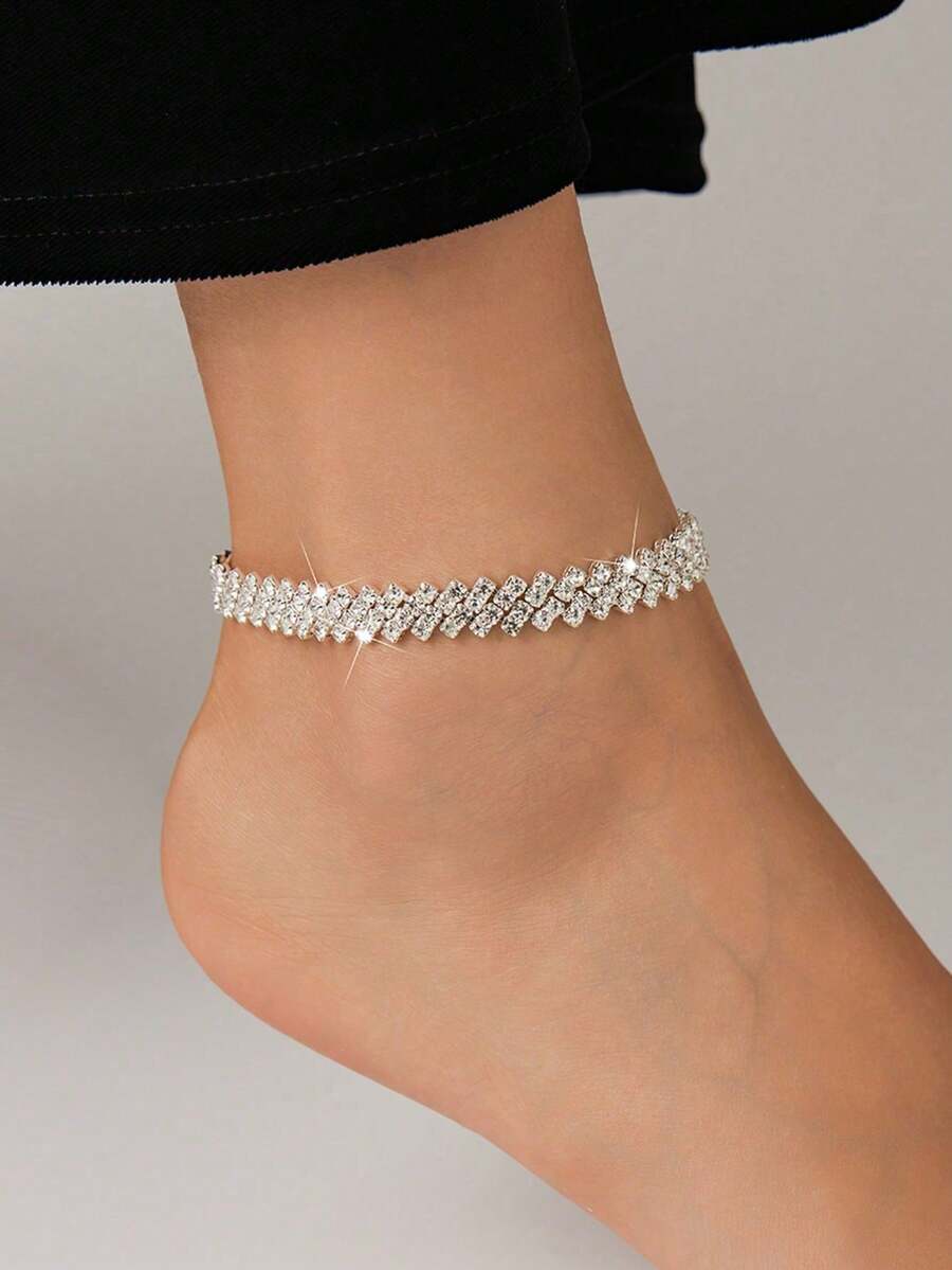 1pc Summer Fashion Asymmetrical Diamond Rhinestone Anklet, Suitable For Beach Travel Wear - Silver - View 1