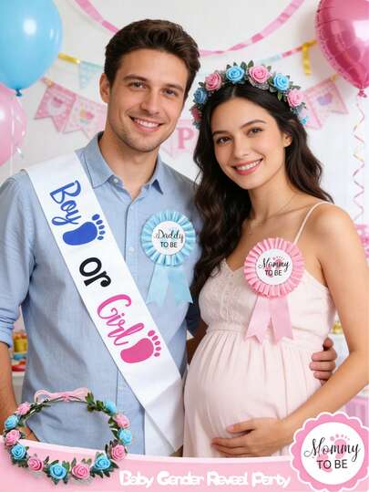 4/2/1 szt. - Szarfa z informacją o płci chłopca lub dziewczynki - Przypinka z blachy cynowej dla przyszłej mamy i taty, Dekoracje na baby shower, Dekoracja na imprezę tematyczną z okazji ujawnienia płci dziecka, Bransoletka z paskiem z etykietą dla chłopca lub dziewczynki, Różowy pasek z powiadomieniem o ciąży z piękną wstążką i różowo-niebieskim tekstem