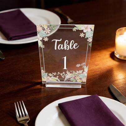 OUTANA 3个透明单面亚克力桌号牌，花卉图案，稳固底座，适用于婚礼、生日派对、商务会议、餐厅餐桌标识