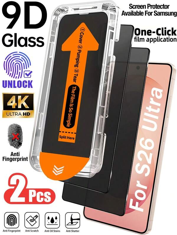ZYONS Set van 2 gehard glazen schermbeschermers, stofbestendig, zelfuitlijnend, privacybescherming, compatibel met Samsung Galaxy S26 Ultra, S26 Plus, S26, S25 Ultra, S25 Plus, S25, S24 Plus, S24, S23, S22, S21 Plus en Ultra. Ultradun, volledige dekking, anti-vingerafdruk, krasbestendig, ondersteunt herregistratie van vingerafdrukontgrendeling.