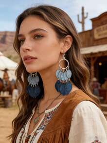 复古牛仔渐变蓝色流苏叶子耳环，波西米亚风长耳环 - 彩色 - 查看 2