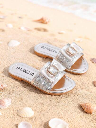 1 Pair Children's Sandals, Silver Glitter Big Bow & Crystal Decor, Non-Slip Flat, Open Toe Style, Minimalist Luxurious Design, Suitable For Summer Beach Walks And Daily Outings