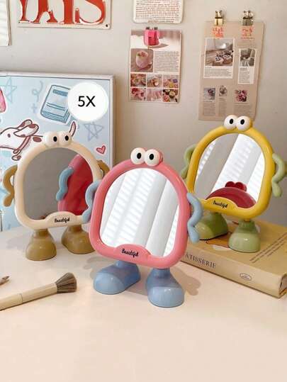 4개 스탠드 포함 귀여운 카툰 데스크탑 화장 거울, 카툰 캐릭터 화장 거울, 기숙사에 적합한 사랑스러운 드레싱 거울, 휴대용 화장 거울, 소녀들을 위한 귀여운 방 장식, 개학 기숙사 필수품, 엄마, 딸, 대학생을 위한 어머니의 날 선물