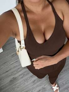 Plus Size Sexy Minimalist Ribbed Spaghetti Strap Fitted Camisole For Daily, Commute, Street, Date, Sports Wear Casual Summer - Coffee Brown - View 2