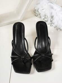 Multiple Strap Criss-Cross Design Slip-On Black Square Toe Stiletto Heel Sandals, Fashionable High Heel Mules, Comfortable Black High Heels, Kitten Heel, Suitable For Any Formal Occasion For Women,Spring Summer Outfits - Black - View 5