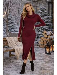Midi Dress With A Cowl Neck, Long Sleeves, Side Slits, Knit Fabric. - 紅木色 - 查看 1