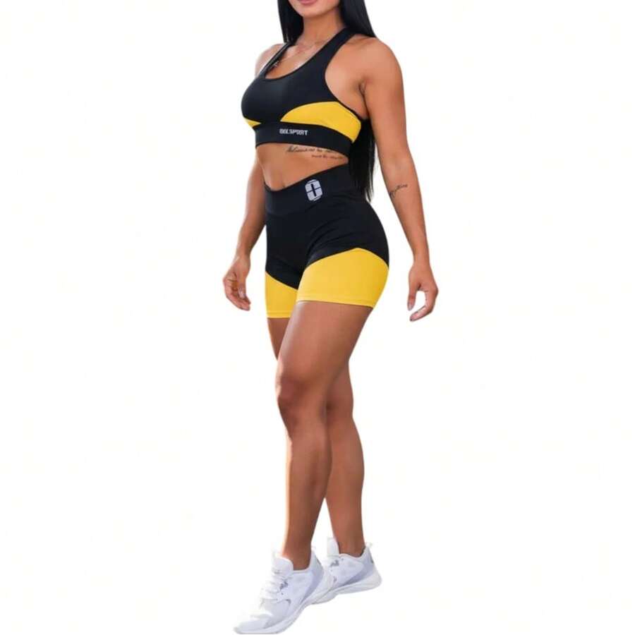 Conjunto Academia Short Cos Alto + Top Fitness Feminino - Amarelo - Visão 1