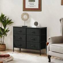 Sweetcrispy Dresser Bedroom 6 Drawers Wide Fabric Storage Units Chest Of Drawers Bedroom With Metal Frame And Wooden Top TV - 黑色 - 查看 5