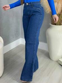 Women's Wide Leg Jeans, Plus Size, High Waist, Without Lycra - 深色水洗藍 - 查看 3