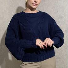Women's Blogger-Style Sweater With Braid 2025 Knit Sweater With Puff Sleeves - Azul Marino - Ver 3