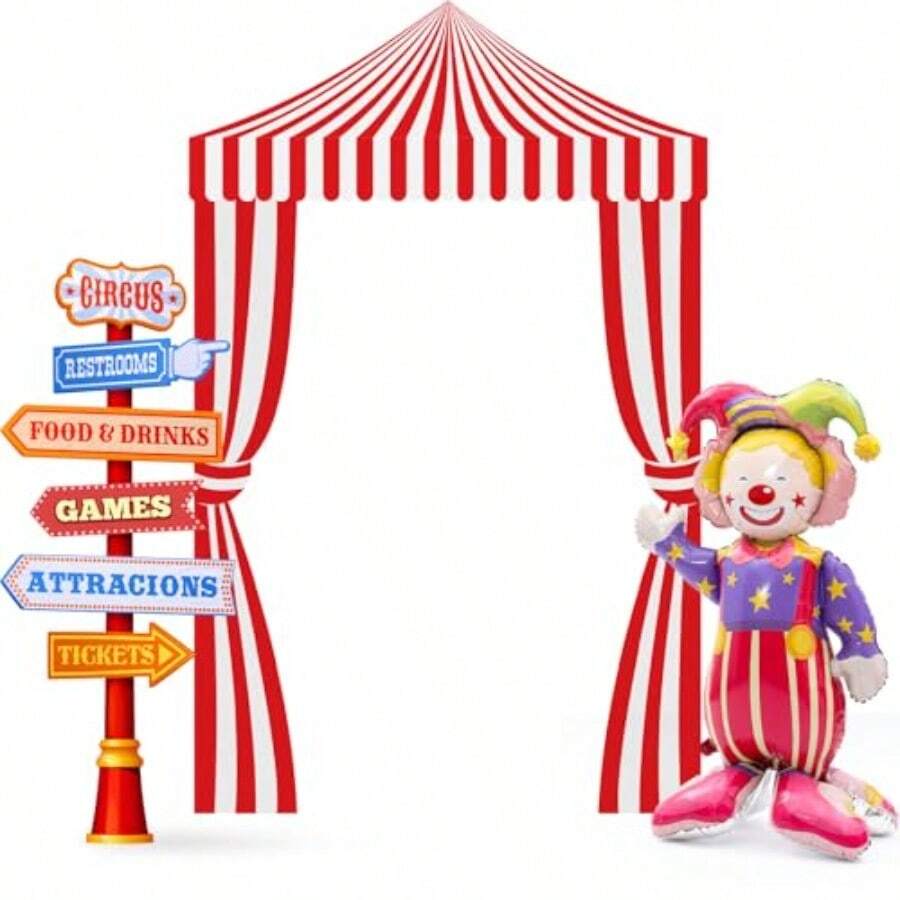 10 Pcs Carnival Party Decorations Set Circus Tents Self Standing Clown Balloons Circus Party Directional Signs Carnival Decorations For Birthday Directional Clown Trunk Or Treat Supplies - Red - 查看 1