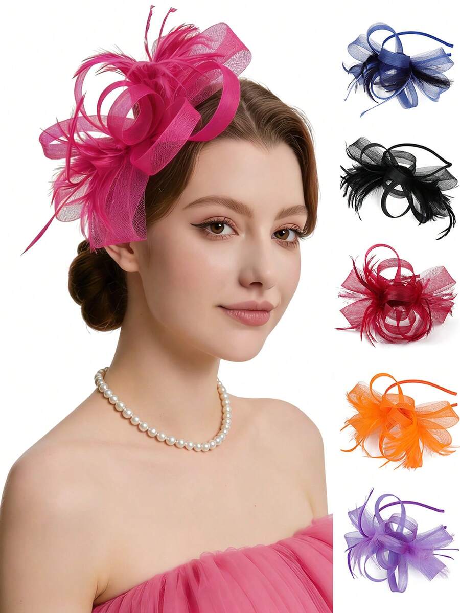 1pc Fascinators Hat Mesh Ribbons Feathers On A Headband And A Clip Tea Party Headwear For Girls And Women,Holiday,Festival - Multicolor - View 1