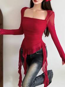 Blusa versátil de manga larga con cuello cuadrado, ajustada, con parches de flecos y unicolor - Burdeos - Ver 3
