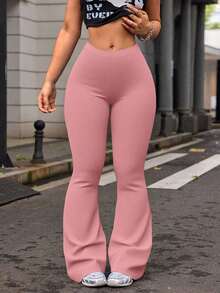 Women's High Waist Solid Color Flare Yoga Leggings, Workout Running Fitness Pants Black Spring - Hồng - Xem 5