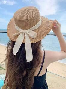 Bow Knot Frayed Flat Top Straw Hat, Women Summer Beach Holiday Japanese Hawaii Sun Woven Sun Hat, Boho Bowknot - Straw Hat - View 3