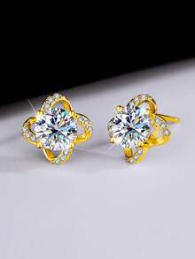 S925 Sterling Silver Four-Leaf Clover Moissanite Earrings, Minimalist Elegant Cubic Zirconia Earrings, Gift Box Packaging For Women - Multicolor - View 8