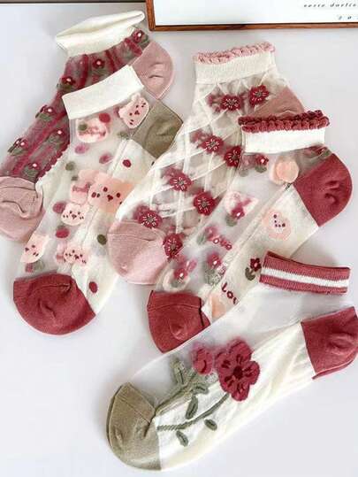 5 Pairs Of Crystal Socks For Women In Spring And Summer, Thin, Breathable And Non Slip Glass Fiber Short Socks, Cartoon Flower Boat Socks
