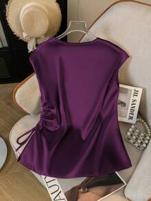 Women's Solid Color Satin V-Neck Ruched Summer Elegant Blouse - Màu tím - Xem 2