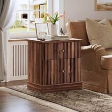 24 pulgadas de altura moderno acanalado mesa de noche con 2 cajones, Mesa de extremo lateral, Pequeño gabinete de almacenamiento acento, Mesa de cama moderna soporte nocturno, Mesa lateral de base curva estable. - Marrón - Ver 7