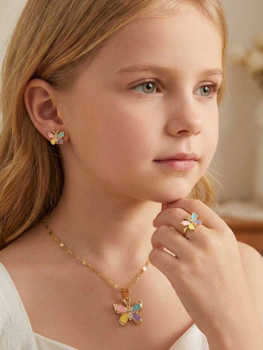 4pcs Cute Delicate Butterfly Zirconia Inlaid Pendant Necklace, Earrings, Ring Jewelry Set, Perfect Gift For Graduation, Family And Friends - Multicolor - View 1