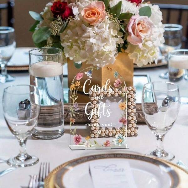 现代书法亚克力婚礼指示牌 - 野花拱门桌面装饰，带有“卡片和礼物”信息，感谢卡适用于招待会、派对、活动 - 耐用透明展示，易于清洁，现代家居和派对装饰，2D平面