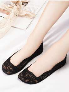 1/5/10双装女士夏季轻薄透气网眼镂空钩扣花朵硅胶防滑蕾丝船袜 - 彩色 - 查看 4