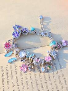 1条夏季花卉蝴蝶串珠手链，向日葵、雏菊、蝴蝶、心形珠子DIY手链，复古花卉玻璃珠可调节DIY手链，朋友礼物，纪念手链 - 銀色 - 查看 6