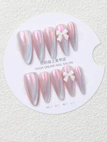 10片長款尖頭粉色亮片美甲貼片，附3D白色蝴蝶結裝飾，可重複使用美容級美甲貼，適合臨時造型與日常配戴，手工壓入式假指甲 - 彩色 - 查看 5