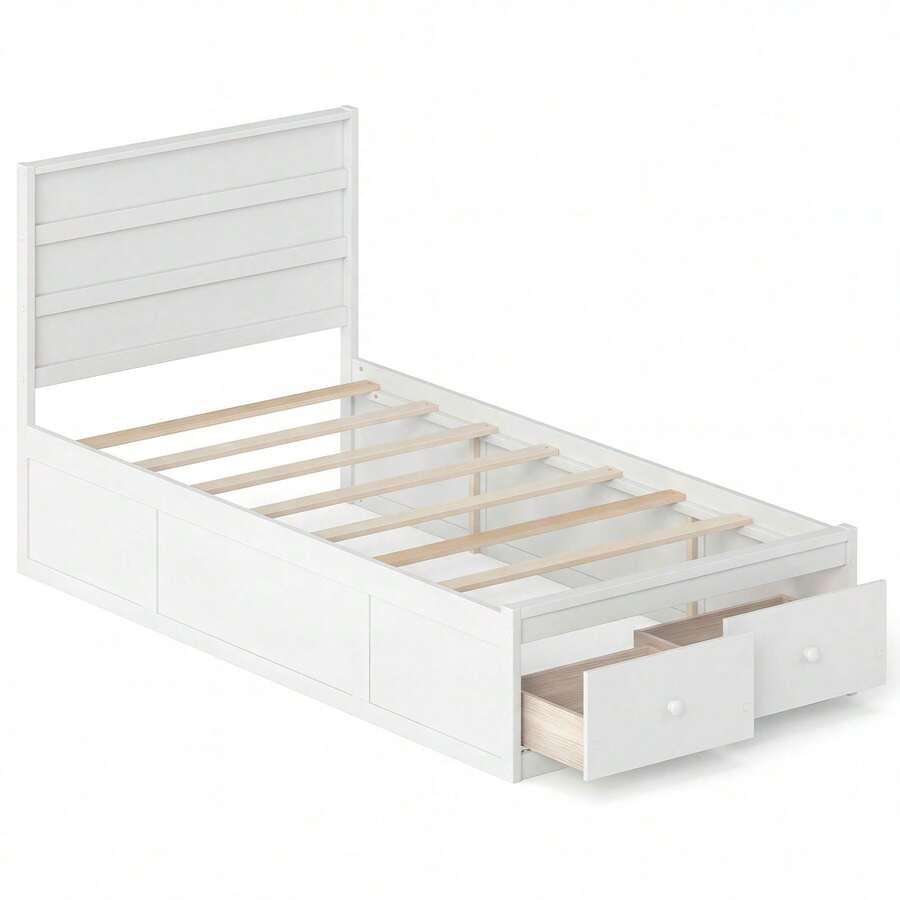 Twin Size Bed Frame W/Storage Drawers Headboard Wooden Slat&Enclosed Base - trắng - Xem 1