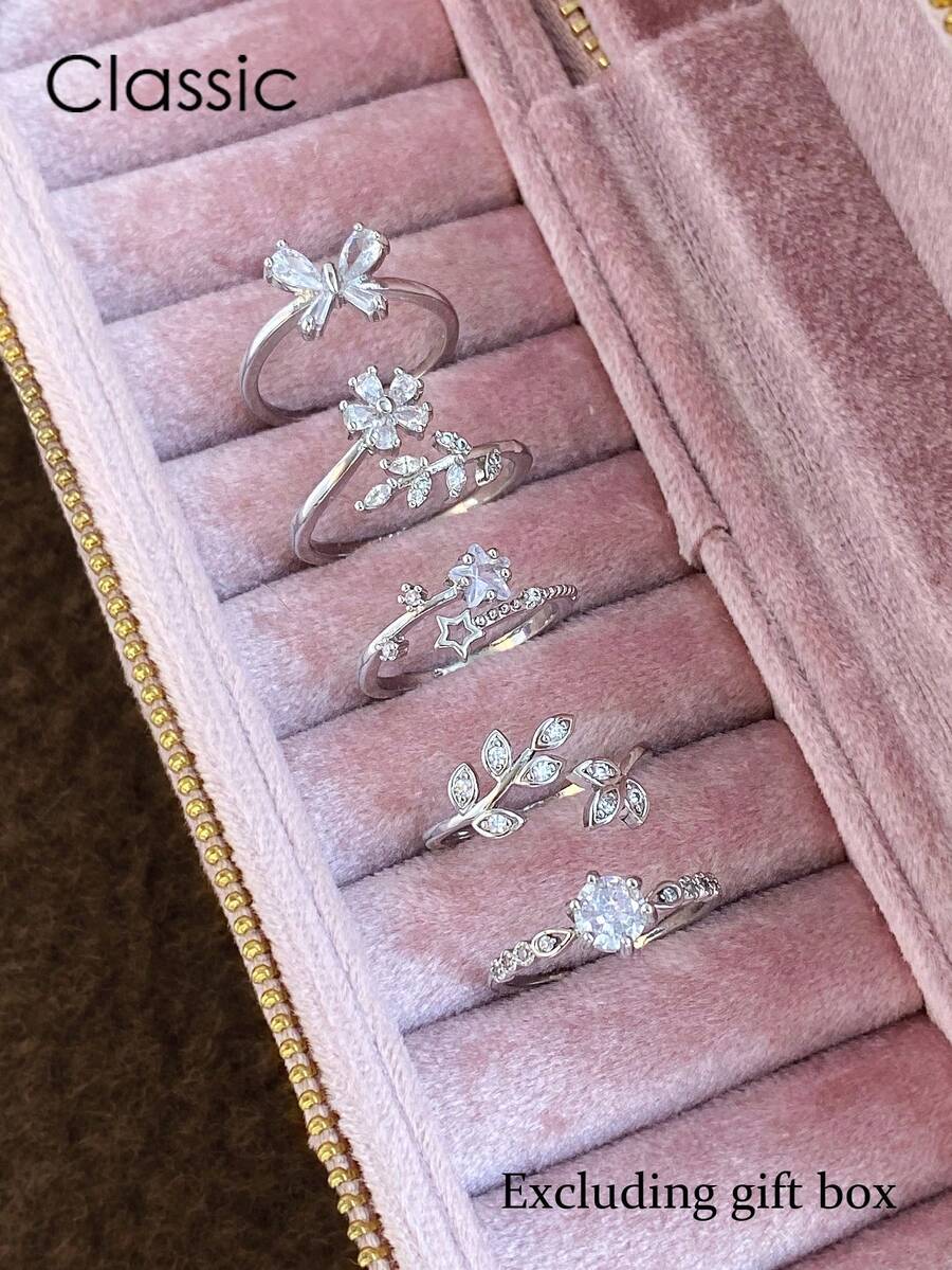 5pcs Fashionable Luxury Delicate Flower, Leaf, Butterfly Cubic Zirconia Adjustable Rings Set, Suitable For Casual, Party, Holiday Wear (No Gift Box)