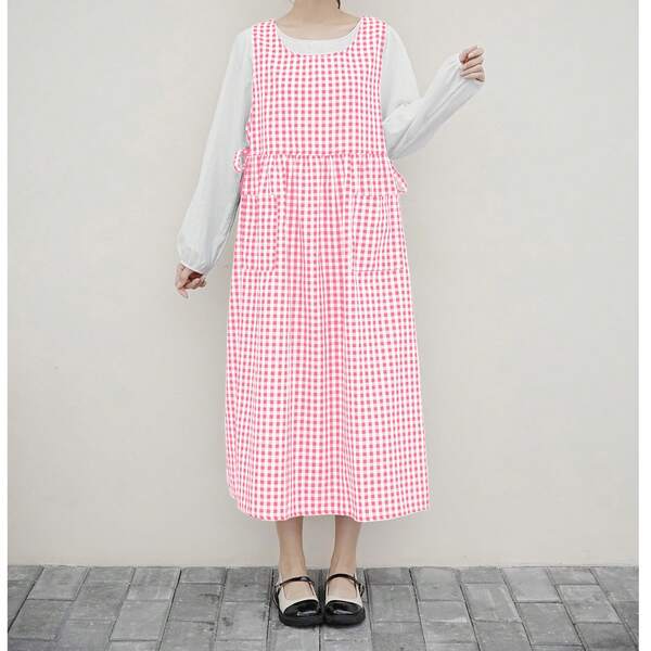 1 قطعة مريلة بنمط المربعات، طراز ياباني من القطن النقي بتصميم بلا أكمام وربطة الخصر، مزودة بجيبين، مريلة طهي مقاومة للزيت مناسبة للخبز والتجمعات وحفلات الاستقبال والمطبخ المنزلي والأعمال الزهرية في جميع المواسم