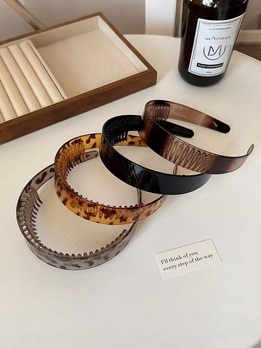 4 piezas Diademas con estampado de leopardo antideslizante, aro para el cabello de corona alta minimalista con dientes, de moda para lavarse la cara - Multicolor - Ver 1