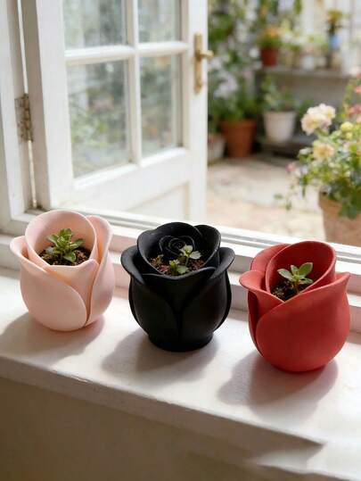 1pc Rose Flower Pot, Soft Petal Details, Breathable Drainage Planter, Suitable For Vintage Desk, Balcony, Seasonal Succulents, Mother's Day Gentle Decor, Balcony Decoration