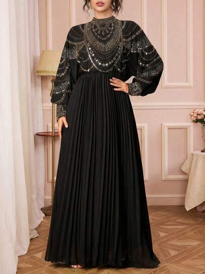 Solessence 女士纯色立领长袖连衣裙，优雅刺绣褶裥设计，适合各种场合，包括节日和重要活动。