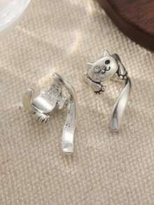 1 Pair Cute Retro Cat Clip-On Earrings, Creative Fashion Earrings, Perfect Daily And Festival Gift For Women - Antique Silver - View 8